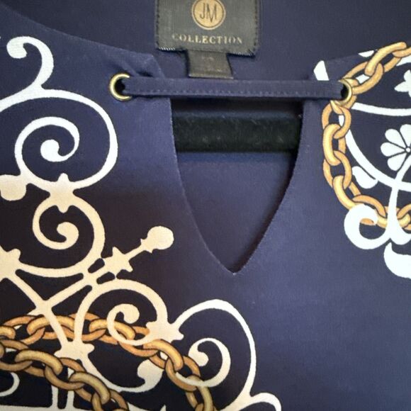 JM Collection Women's Size Petite Keyhole 3/4 Bell Sleeve Top Navy/white/gold - Picture 3 of 8